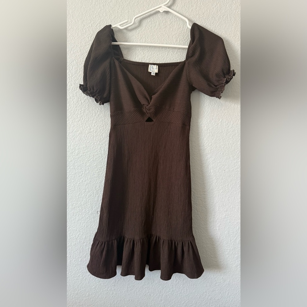 Blue Rain Brown Ruffled Puff Sleeve Sundress